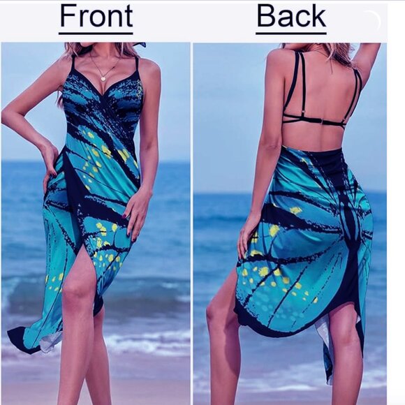 AI'MAGE Womens Butterfly Swimsuit Cover Up Spaghetti Strap Wrap Dress - Picture 2 of 10